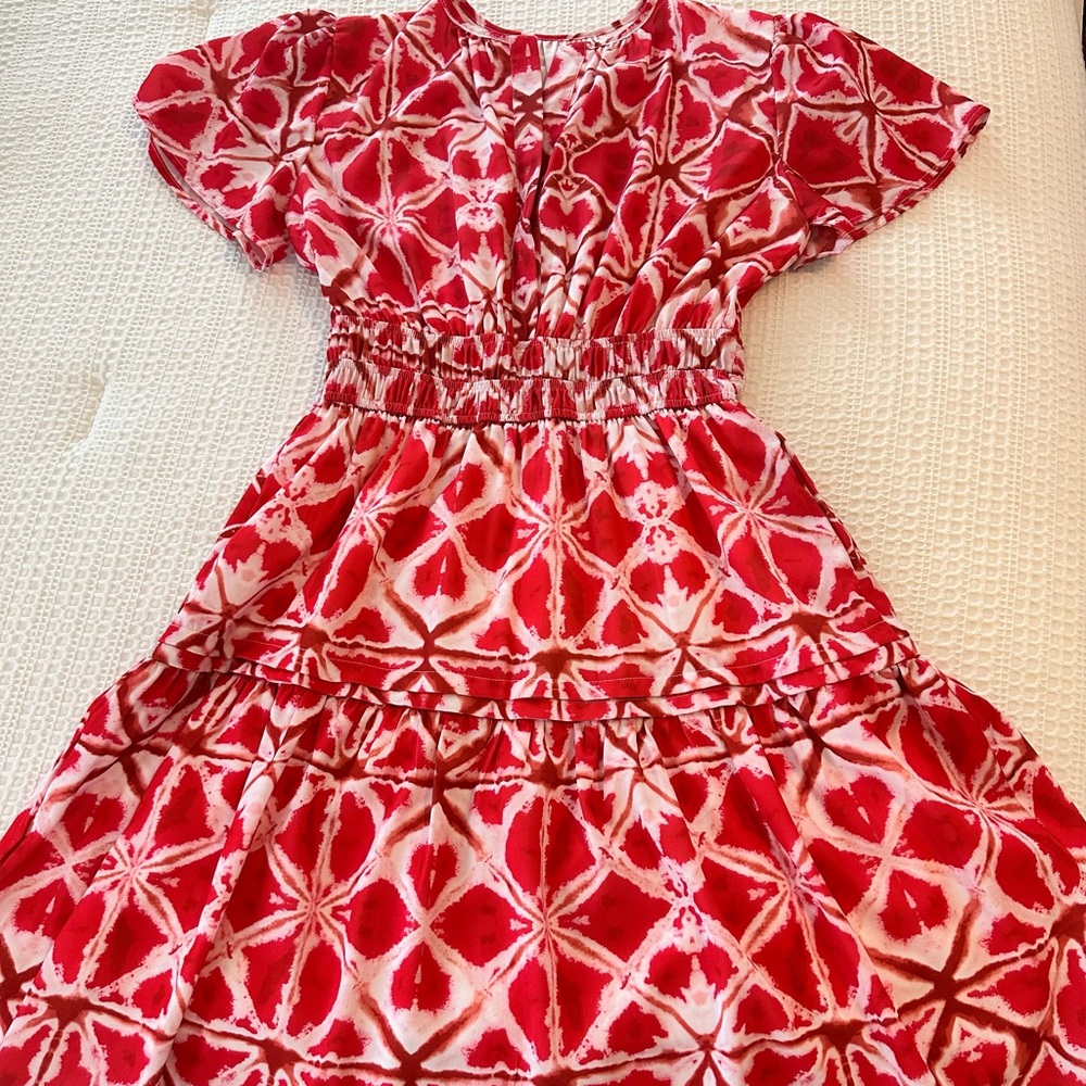 Red and White Casual Sundress with Flutter Sleeves and Crew Neck